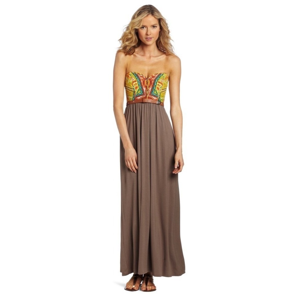 Nine West Maxi Dress Womens 14 Brown Paisley Strapless Studded Belt Boho Western